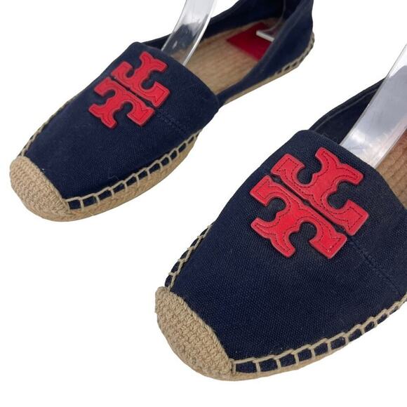 TORY BURCH Weston Navy Red Canvas Slip On Flat Espadrille Sandals Size 8M - Picture 2 of 16